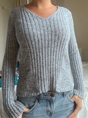 J. Crew Blue Heather Gray Ribbed V-Neck Sweater